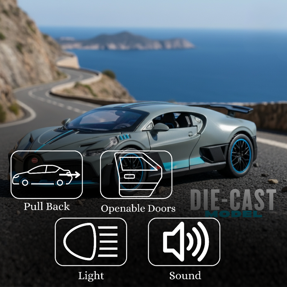 Claptales grey die cast sports car with icons showing pull back action metal body lights and sound