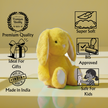 Claptales yellow bunny soft toy with icons showing premium fabric and kid safe material
