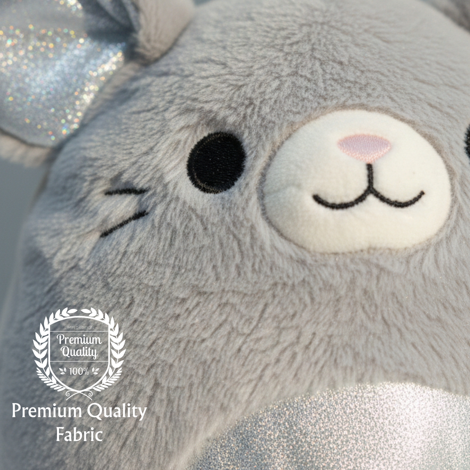Close-up of a plush toy with a 'Premium Quality' label on a light gray background