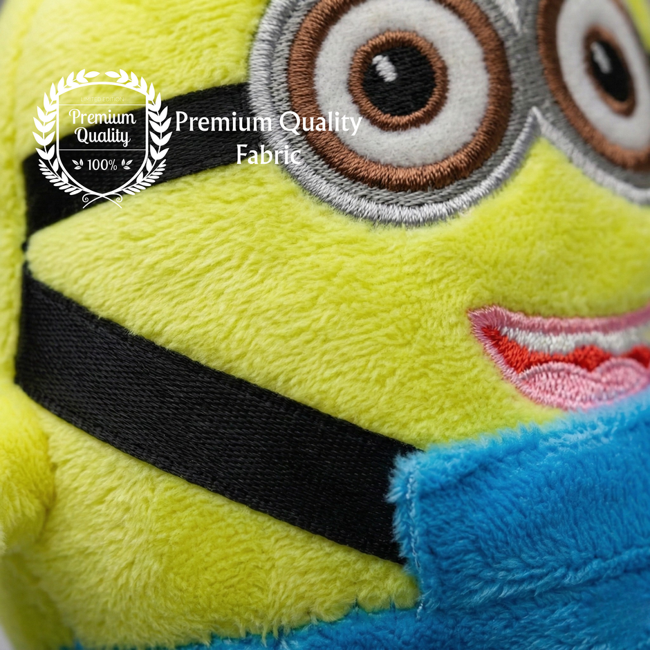 Close-up of a plush toy with a 'Premium Quality' label on a white background