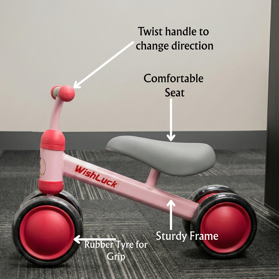 Close-up of balance bike showing comfortable seat and handle design for toddlers