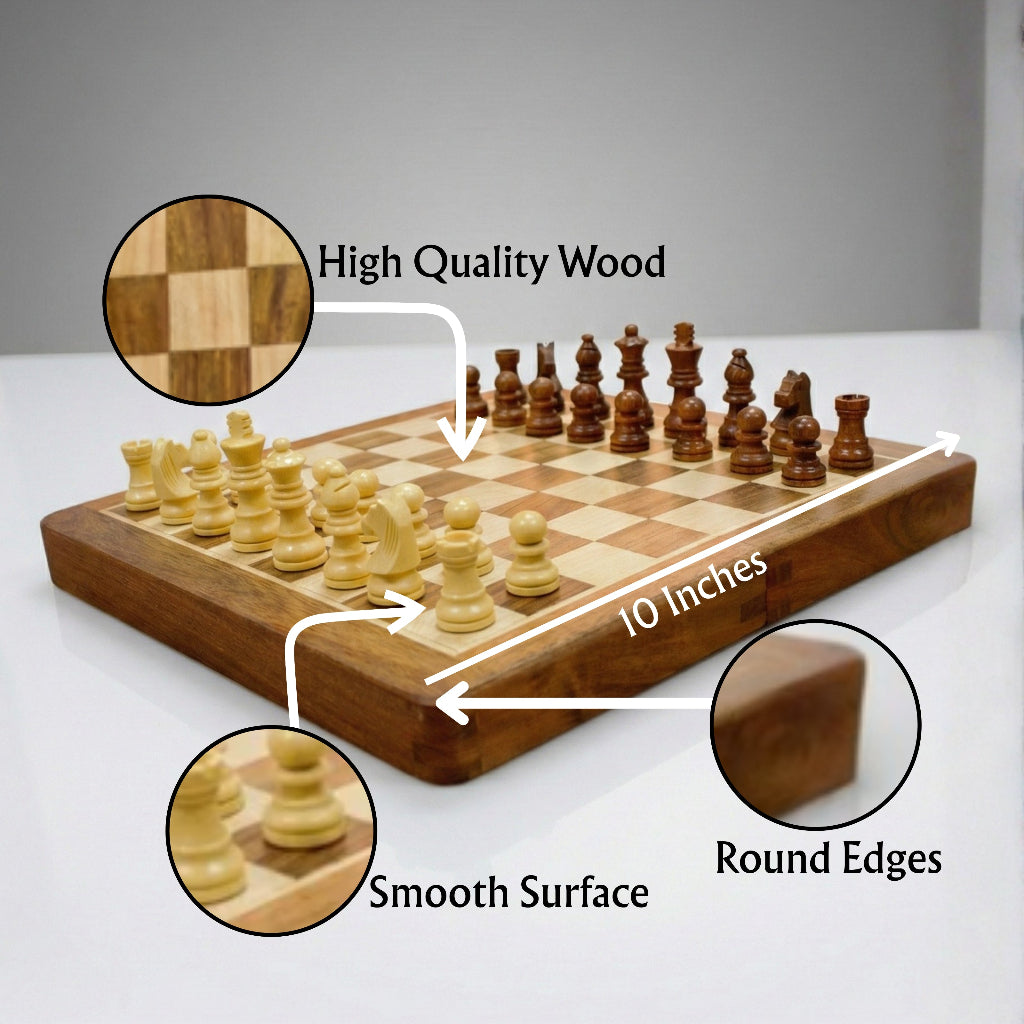 Close-up of magnetic chess pieces on wooden chess board with smooth finish