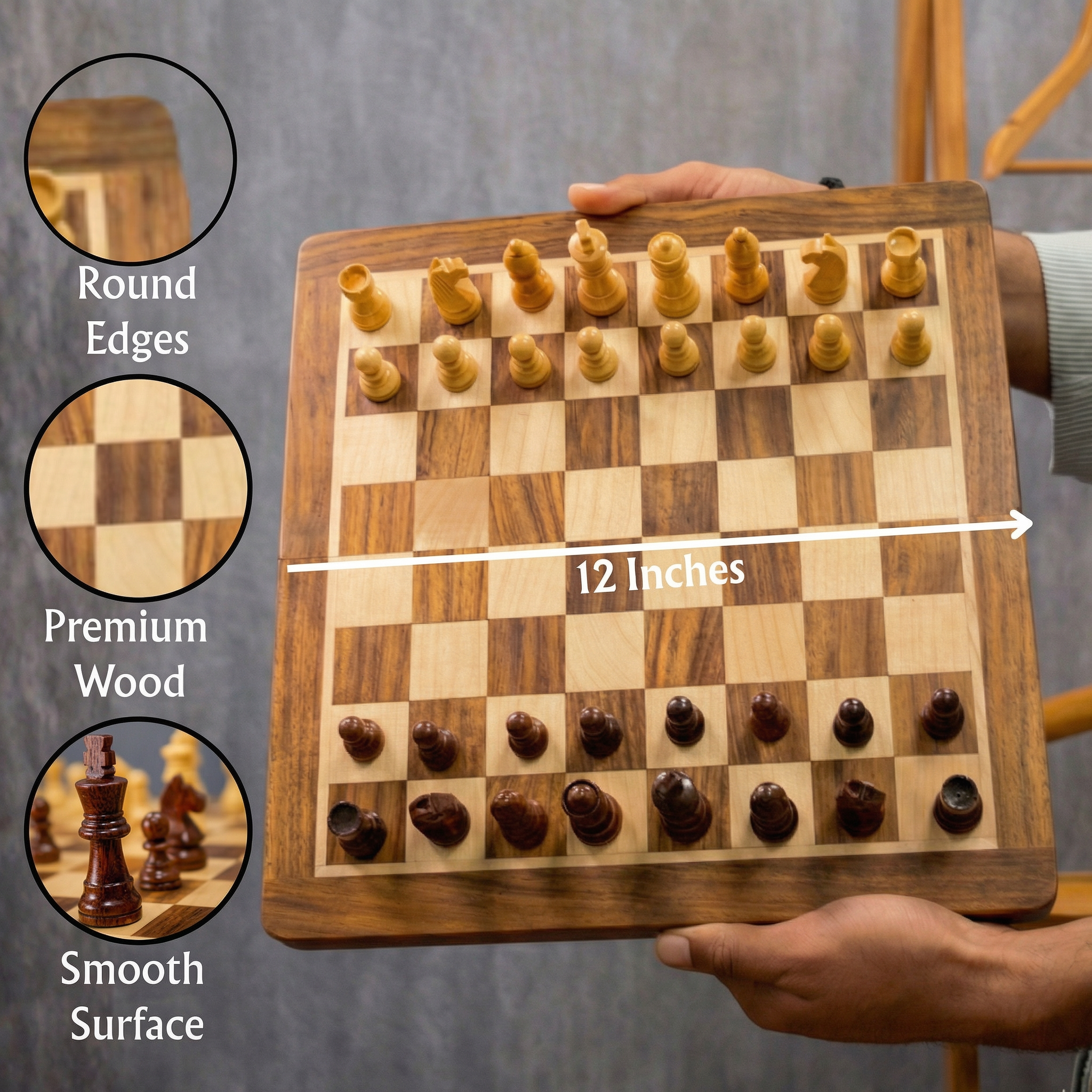 Close-up of magnetic chess pieces on wooden chess board with smooth finish