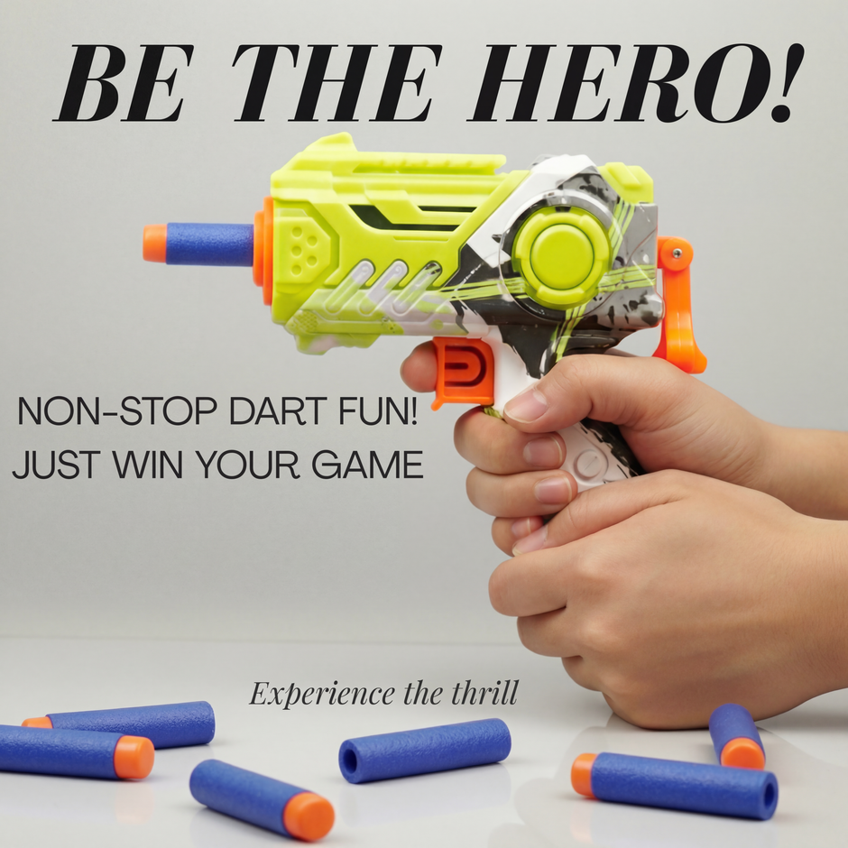 Close-up of toy gun with foam darts and trigger design  