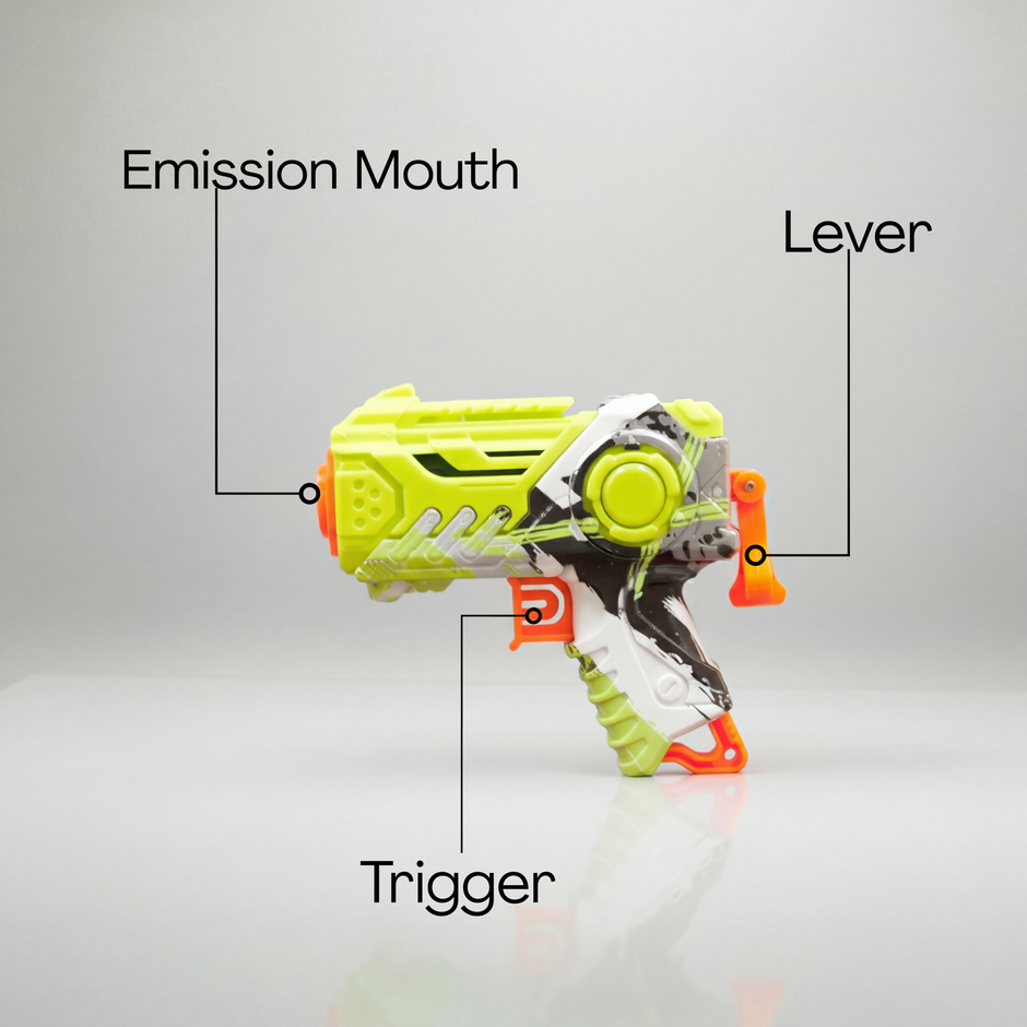 Close-up of toy gun with foam darts and trigger design and specs
