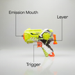 Close-up of toy gun with foam darts and trigger design and specs