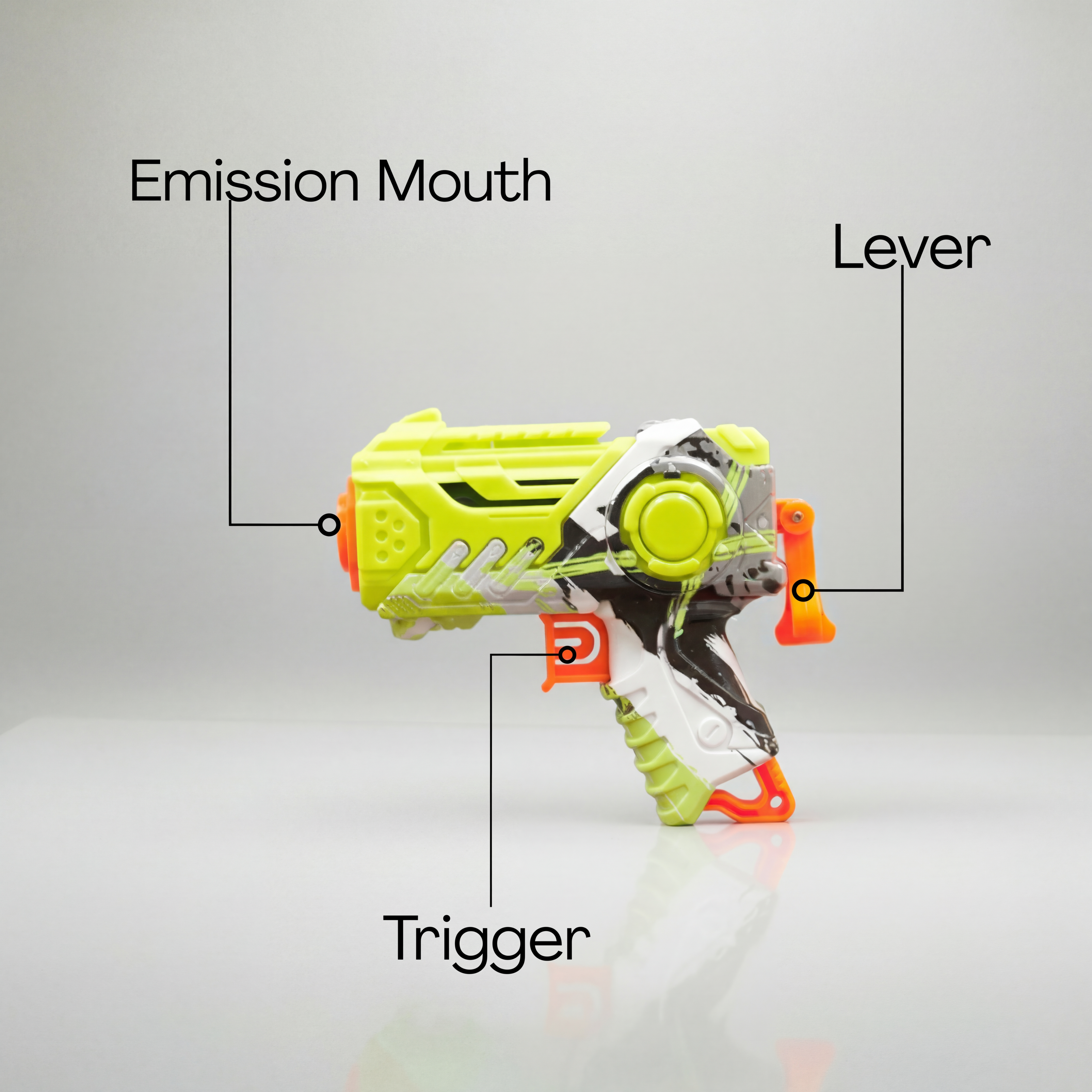 Close-up of toy gun with foam darts and trigger design and specs