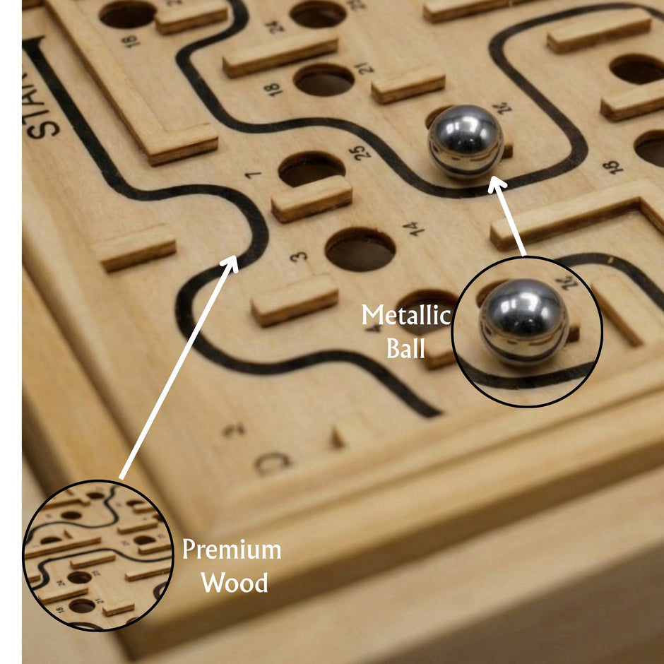 Close-up of wooden maze board handle used to control metal ball, Claptales wooden toy
