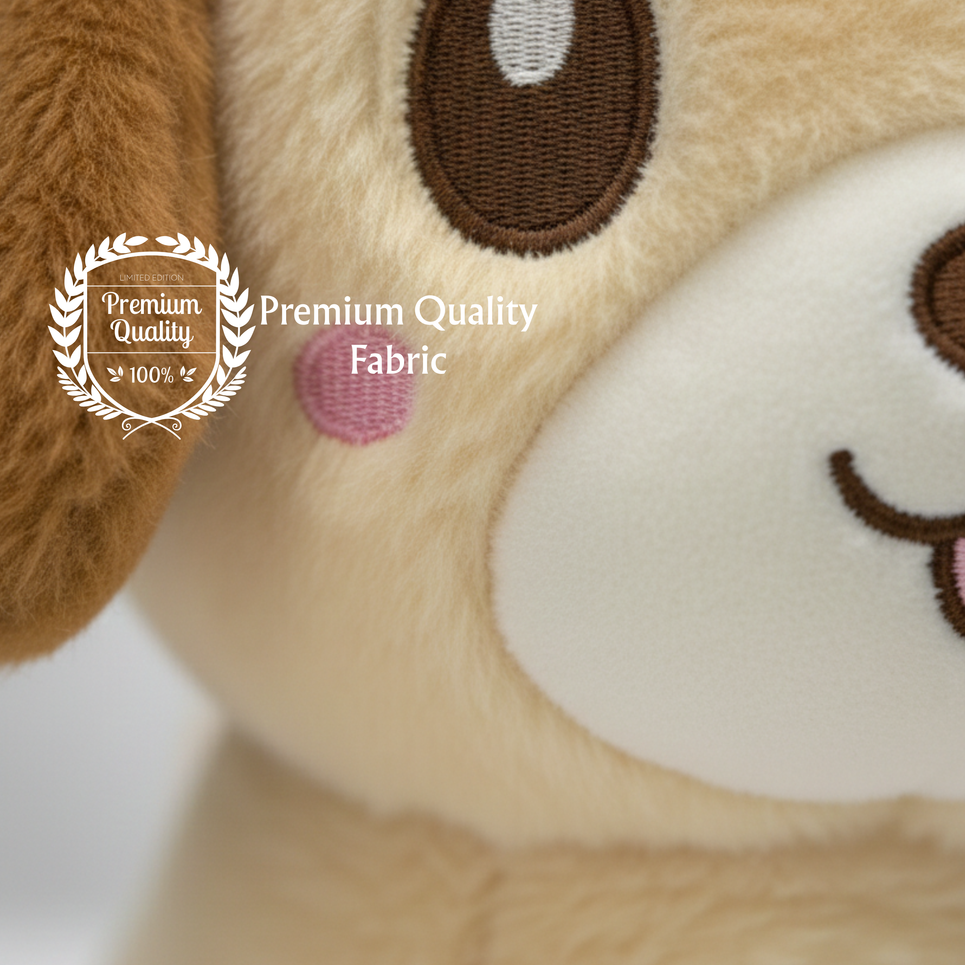 Close up of brown puppy soft toy showing cute face and soft plush fabric