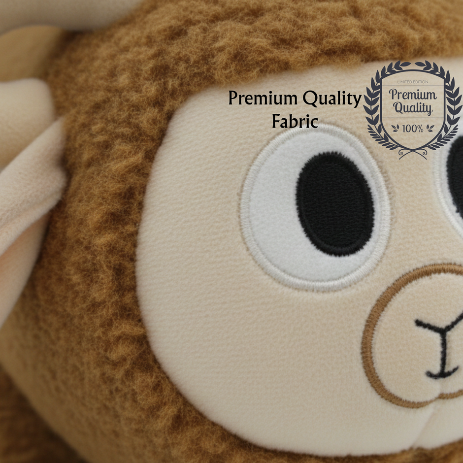 Close up of brown sheep soft toy showing soft fur and cute facial details