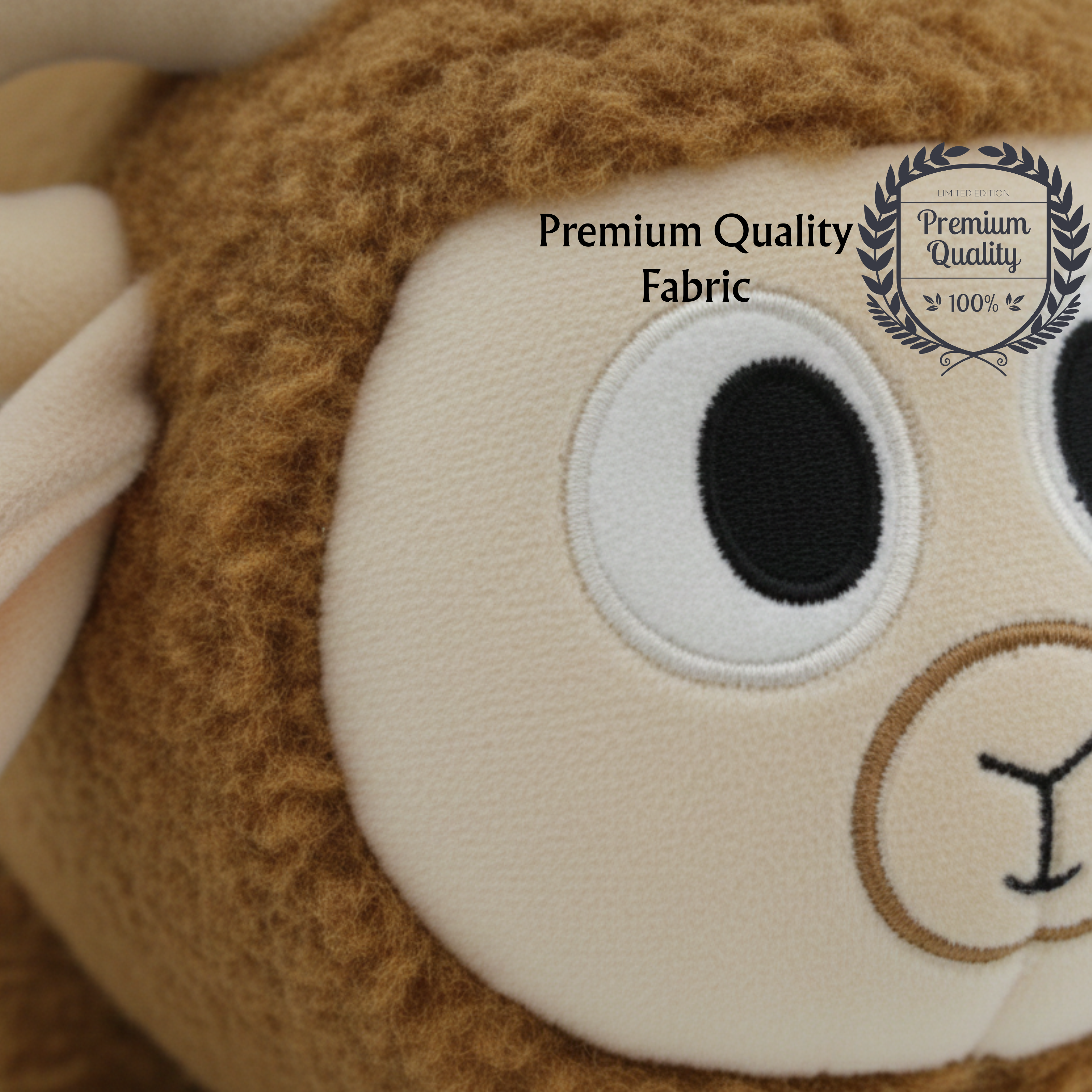Close up of brown sheep soft toy showing soft fur and cute facial details