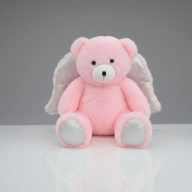 Close up of pink teddy soft toy showing soft plush fabric and cute design