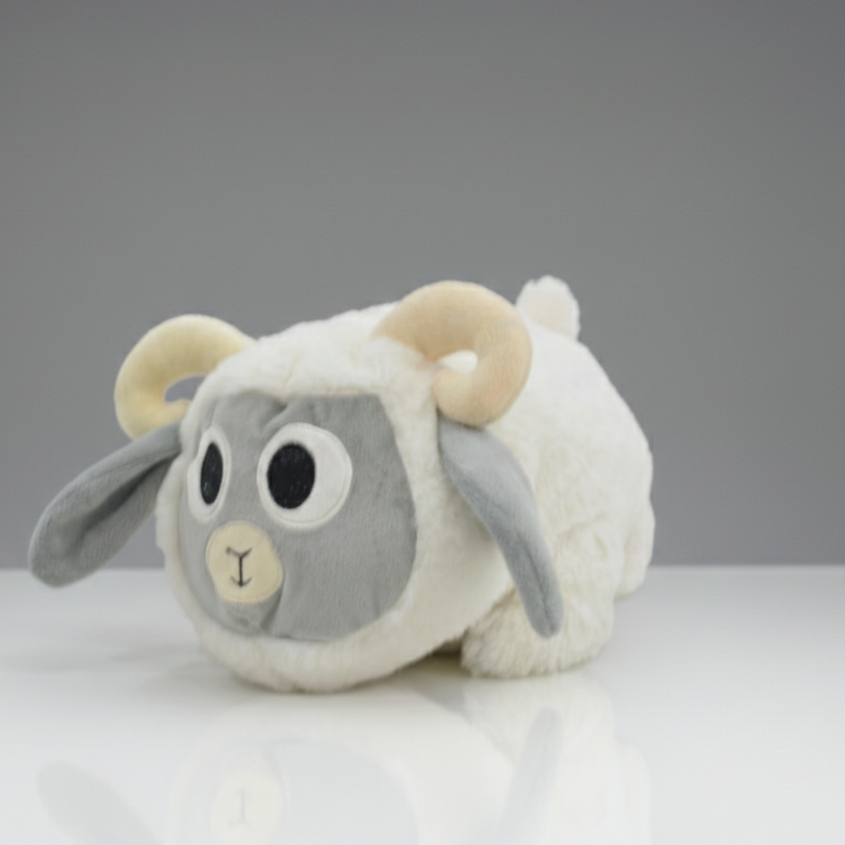 Close up of white sheep soft toy showing soft fur and cute facial details