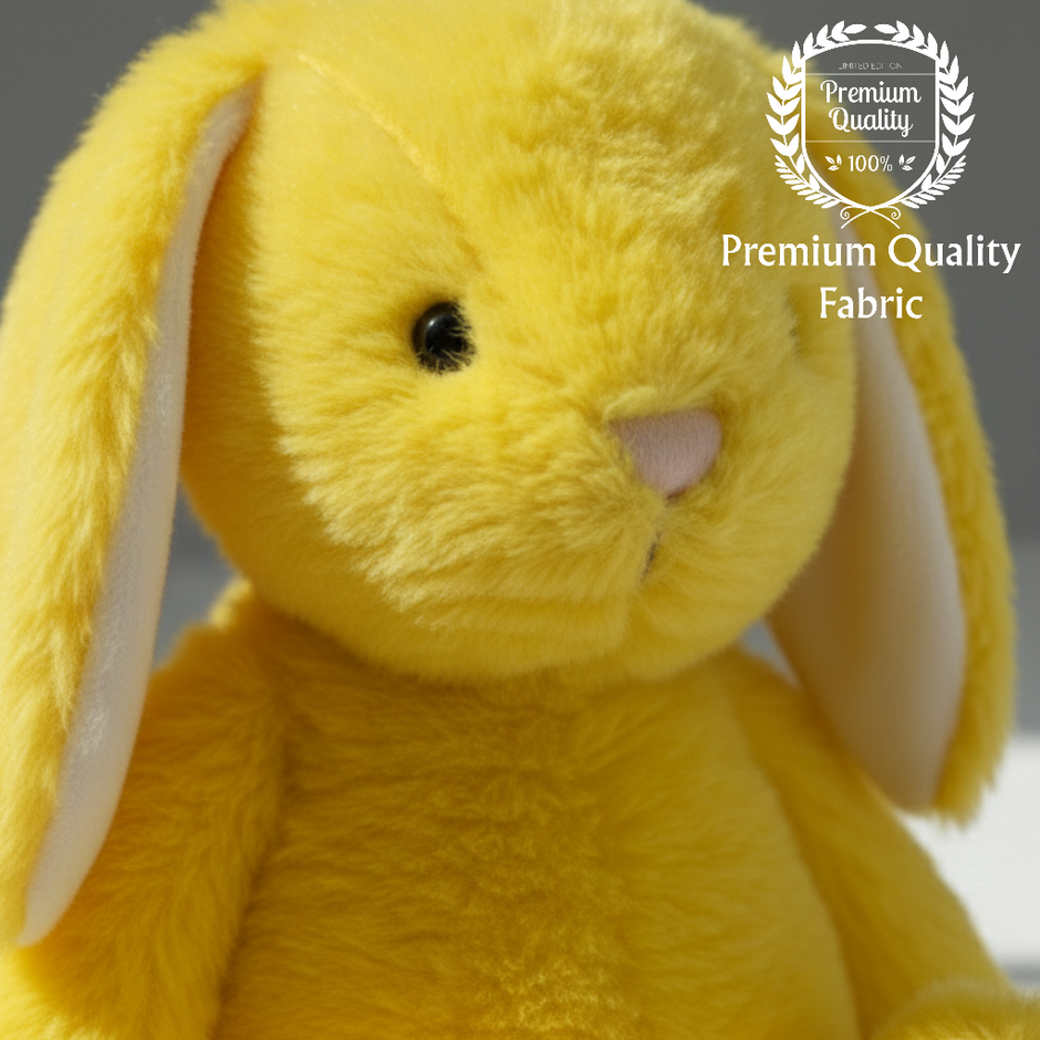 Close up of yellow bunny plush toy showing cute stitched face and soft texture