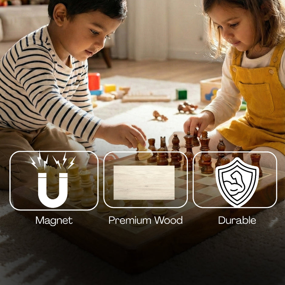 Compact wooden chess board being played as a strategy game for kids and adults