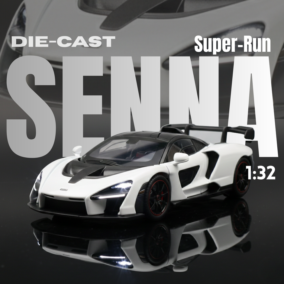 Die-cast model car of a sports car with 'Super-Run Senna' text on a dark background