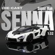 Die-cast model car of a sports car with 'Super-Run Senna' text on a dark background