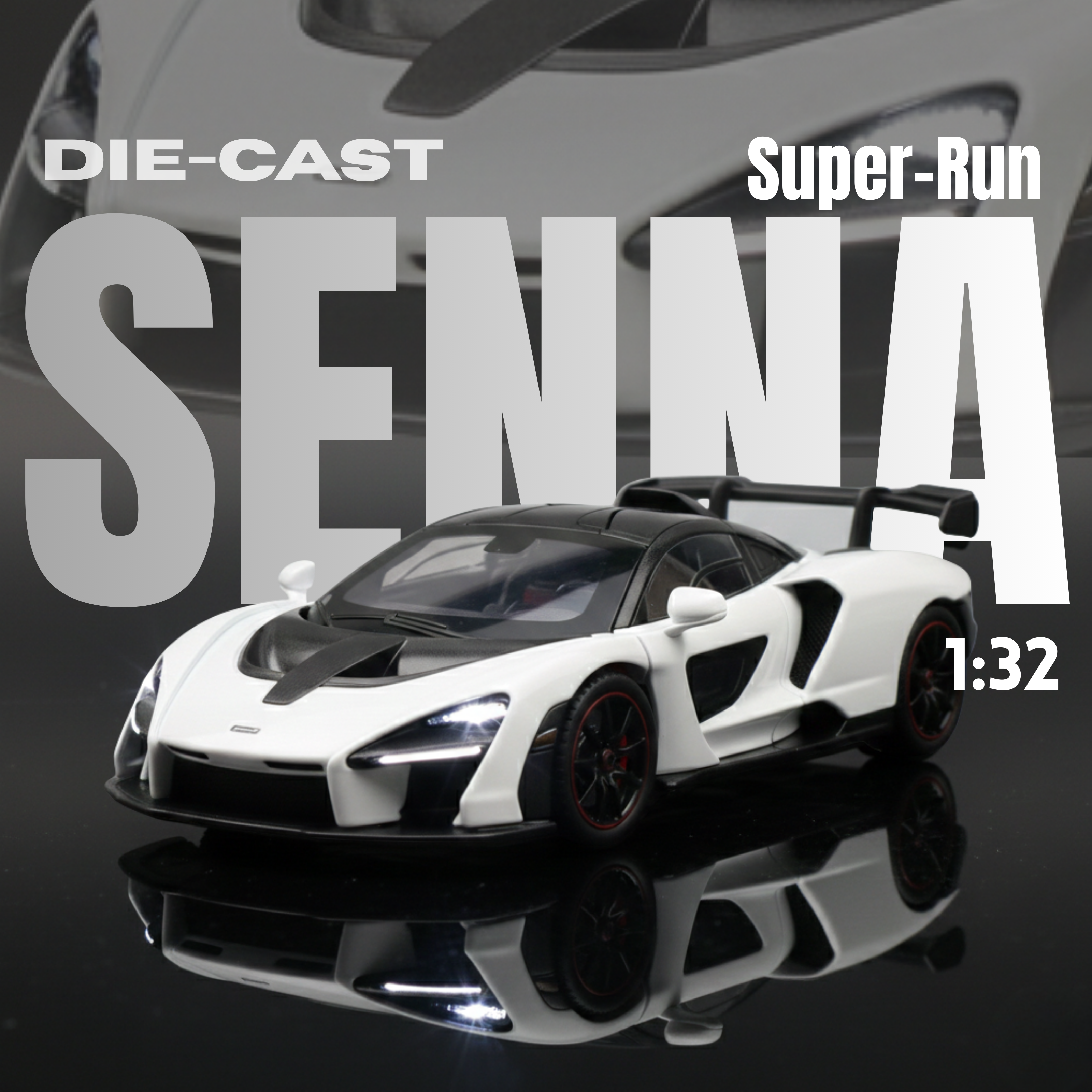 Die-cast model car of a sports car with 'Super-Run Senna' text on a dark background