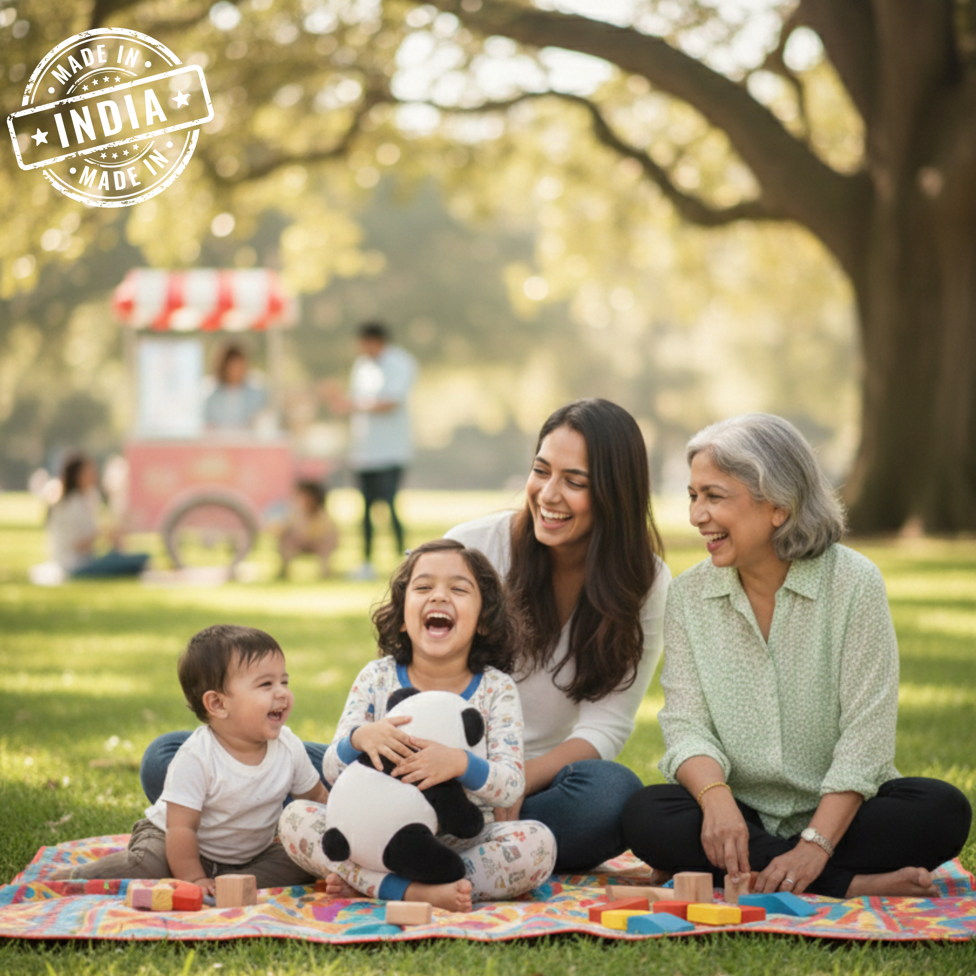 Family of four sitting on a blanket in a park with 'Made in India' stamp