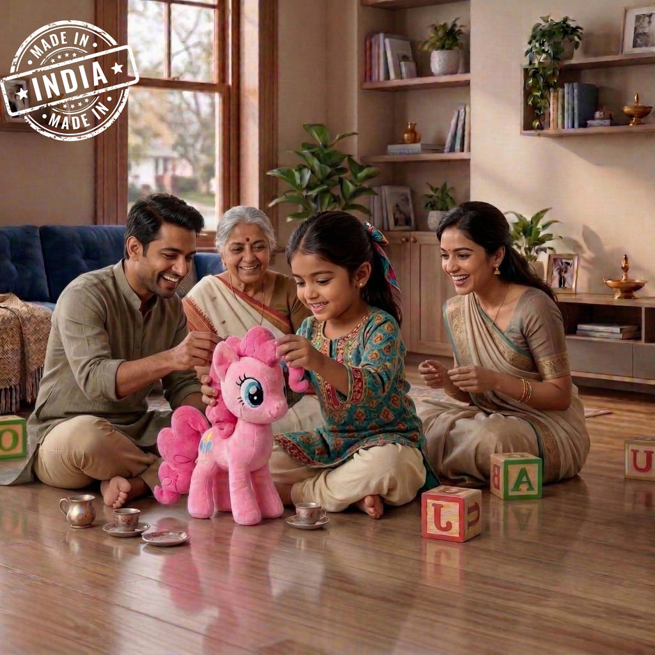 Family playing with pink plush toys in a living room with 'Made in India' stamp.