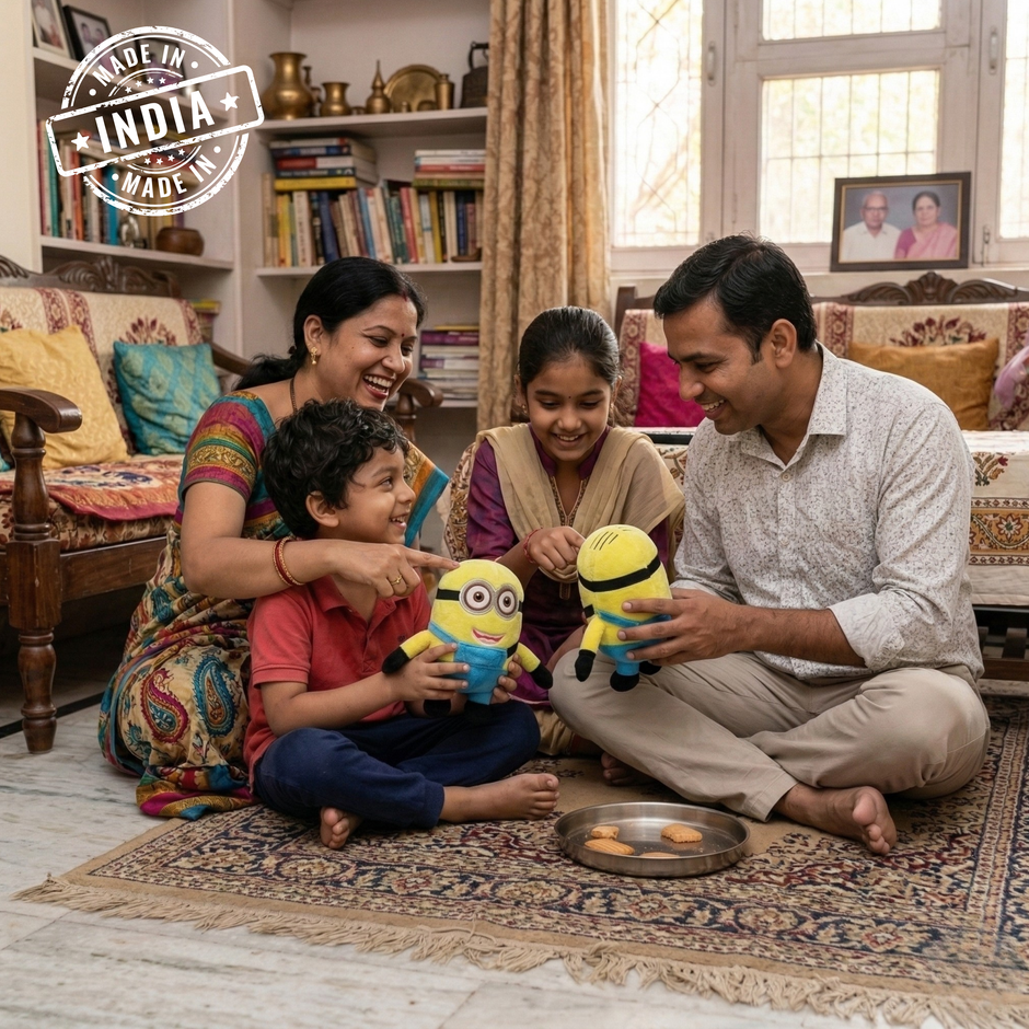 Family sitting on a rug in a living room with toys, featuring 'Made in India' logo.