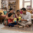 Family sitting on a rug in a living room with toys, featuring 'Made in India' logo.