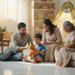 Family sitting together with a child holding a teddy bear in a home setting, with 'Made in India' stamp in the corner.