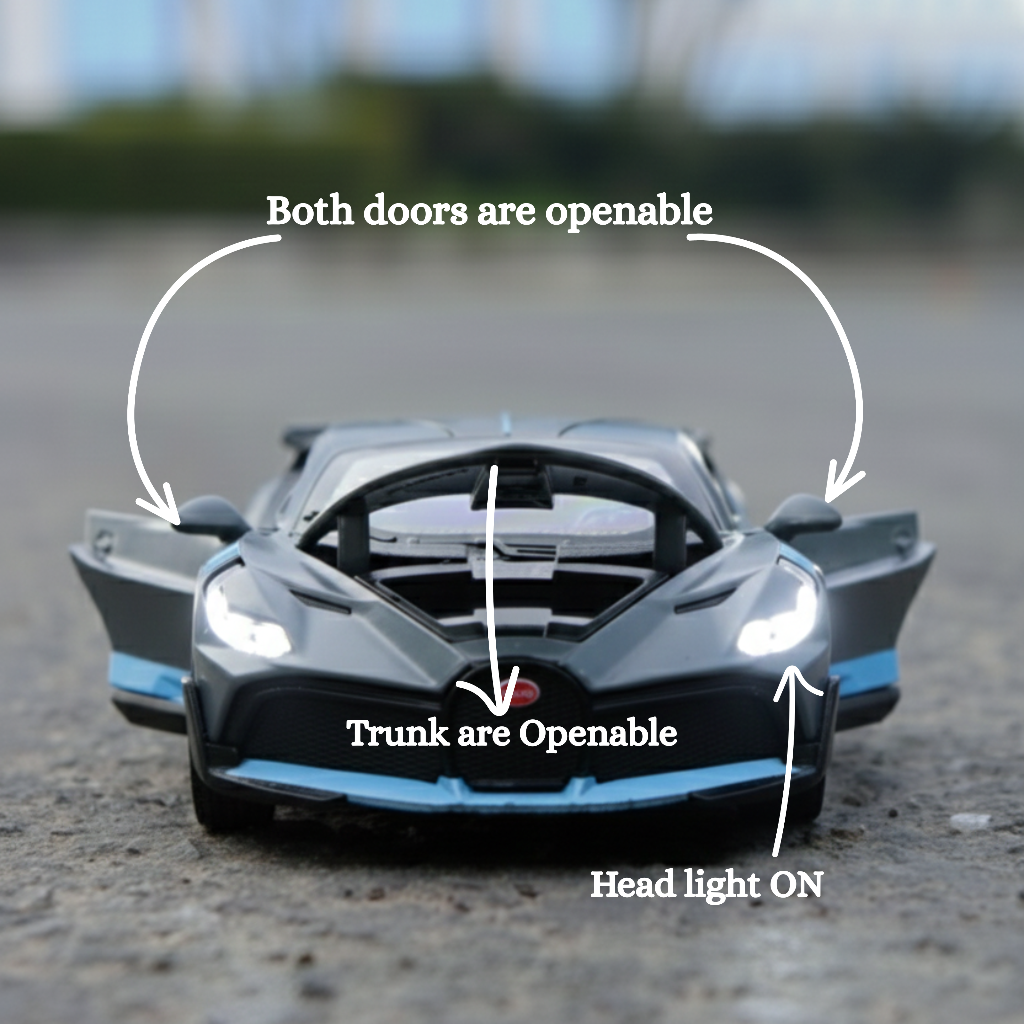 Front angle of grey die cast sports car on road with labels showing openable doors and headlights