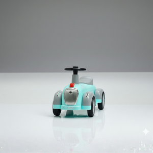 Front view of baby ride on car showing compact design and easy steering handle for toddlers
