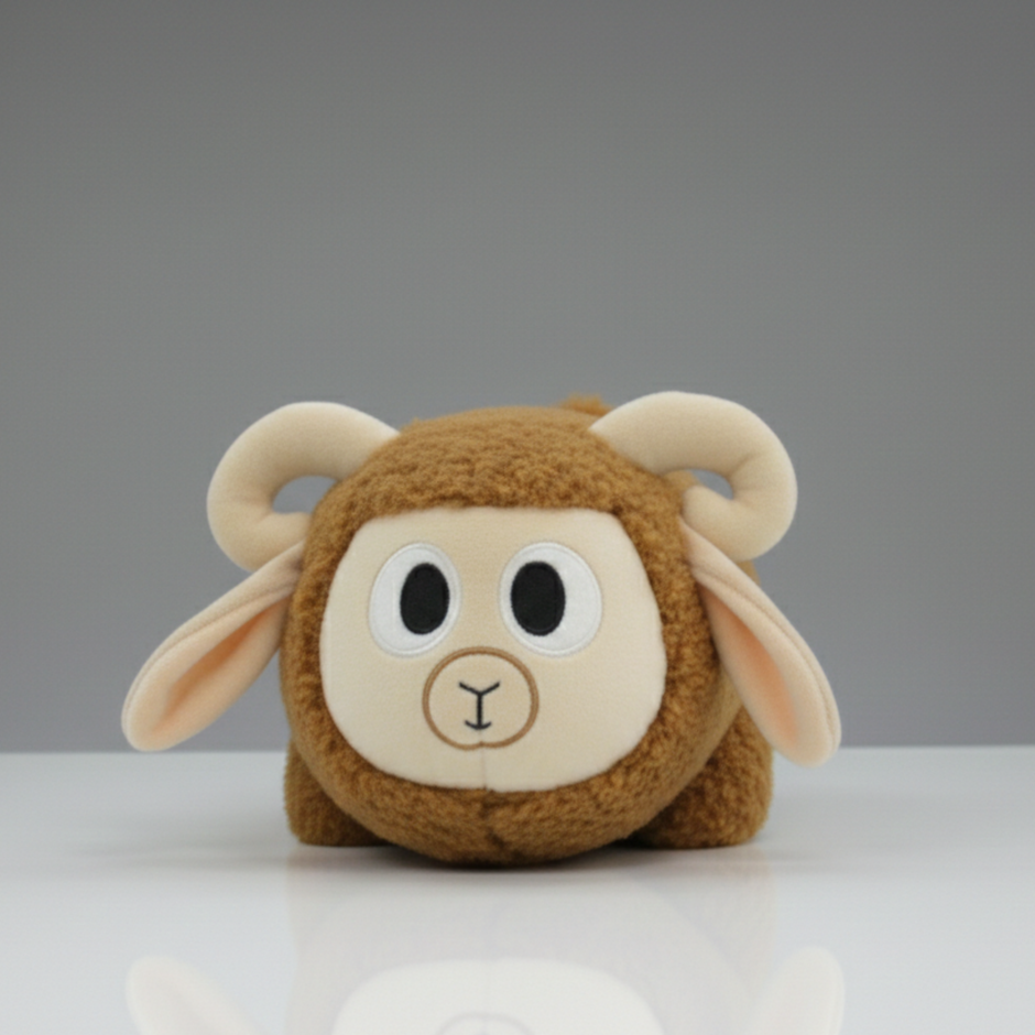 Front view of brown sheep soft toy showing soft fur and cute facial details