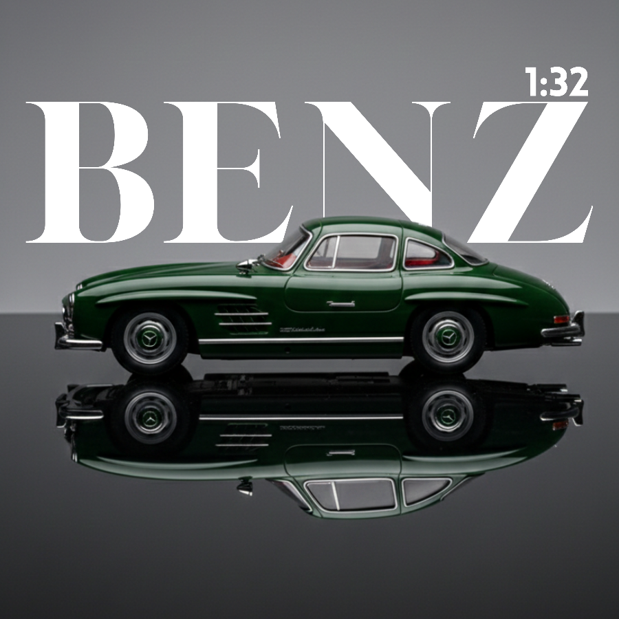 Front view of green 1:32 die cast classic car with large text benz in the background
