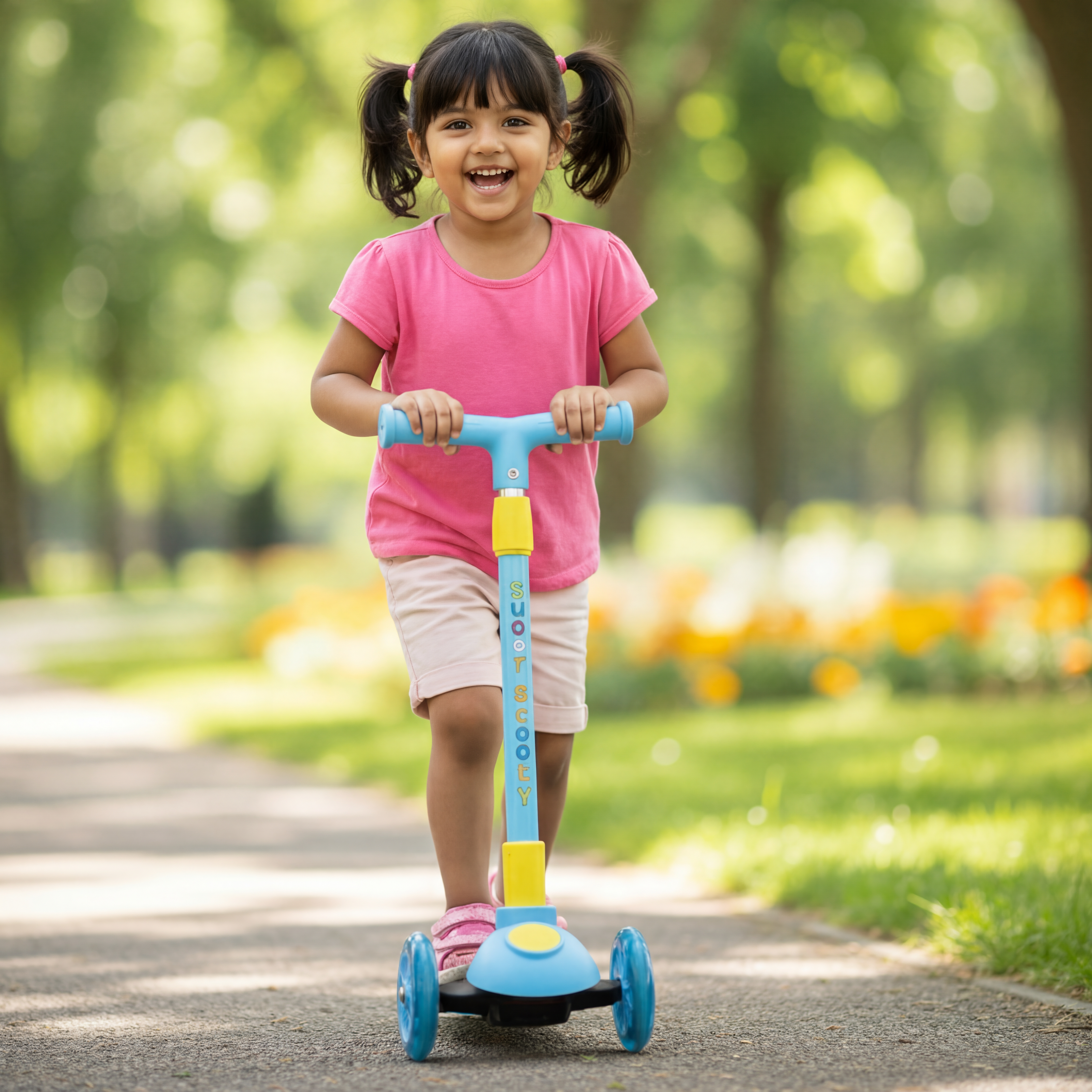 Girl riding claptales scooter showing adjustable height handle and easy turn steering for better control