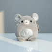 Gray plush toy mouse on a reflective surface with a light gray background