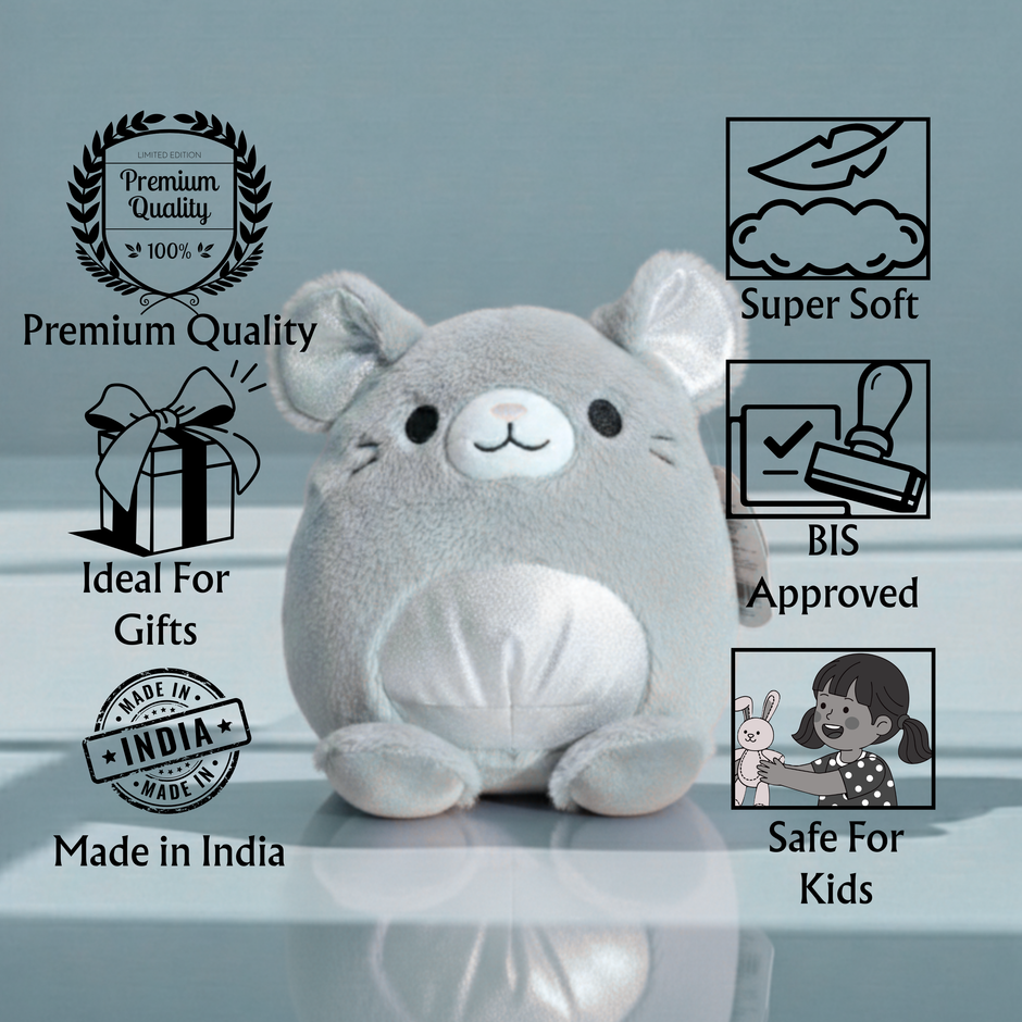 Gray plush toy with certification icons on a reflective surface