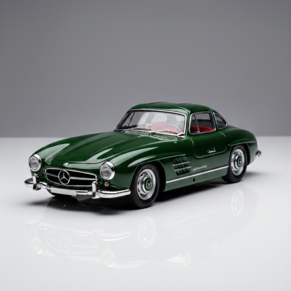 Green 1:32 die cast classic car models placed side by side on a reflective surface