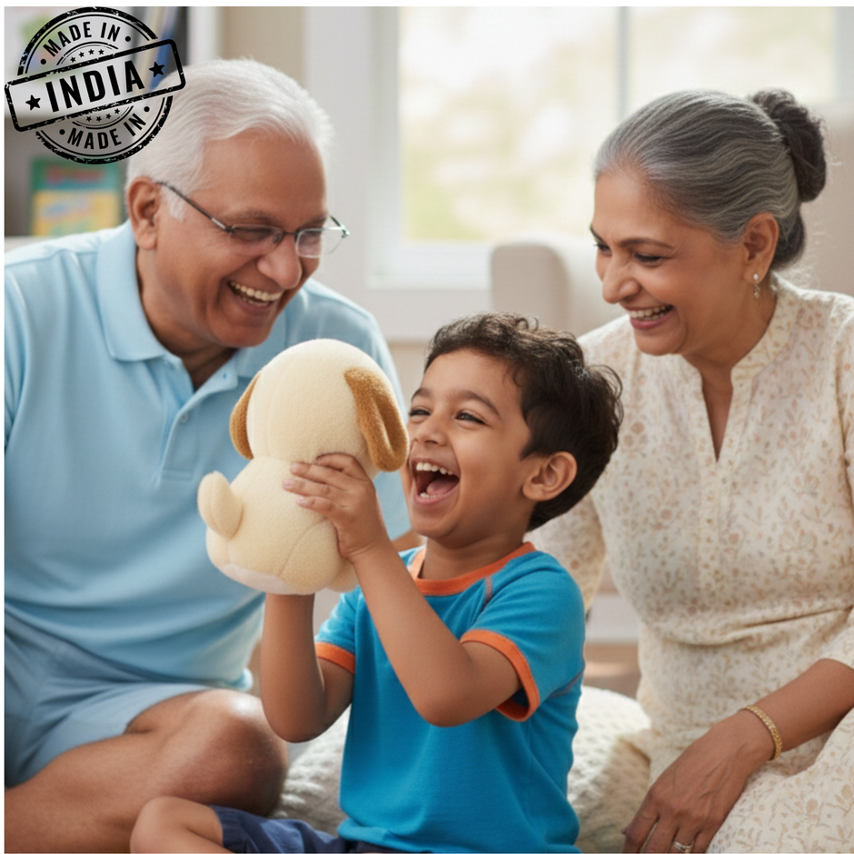 Kid holding Claptales brown puppy soft toy while sitting indoors with family