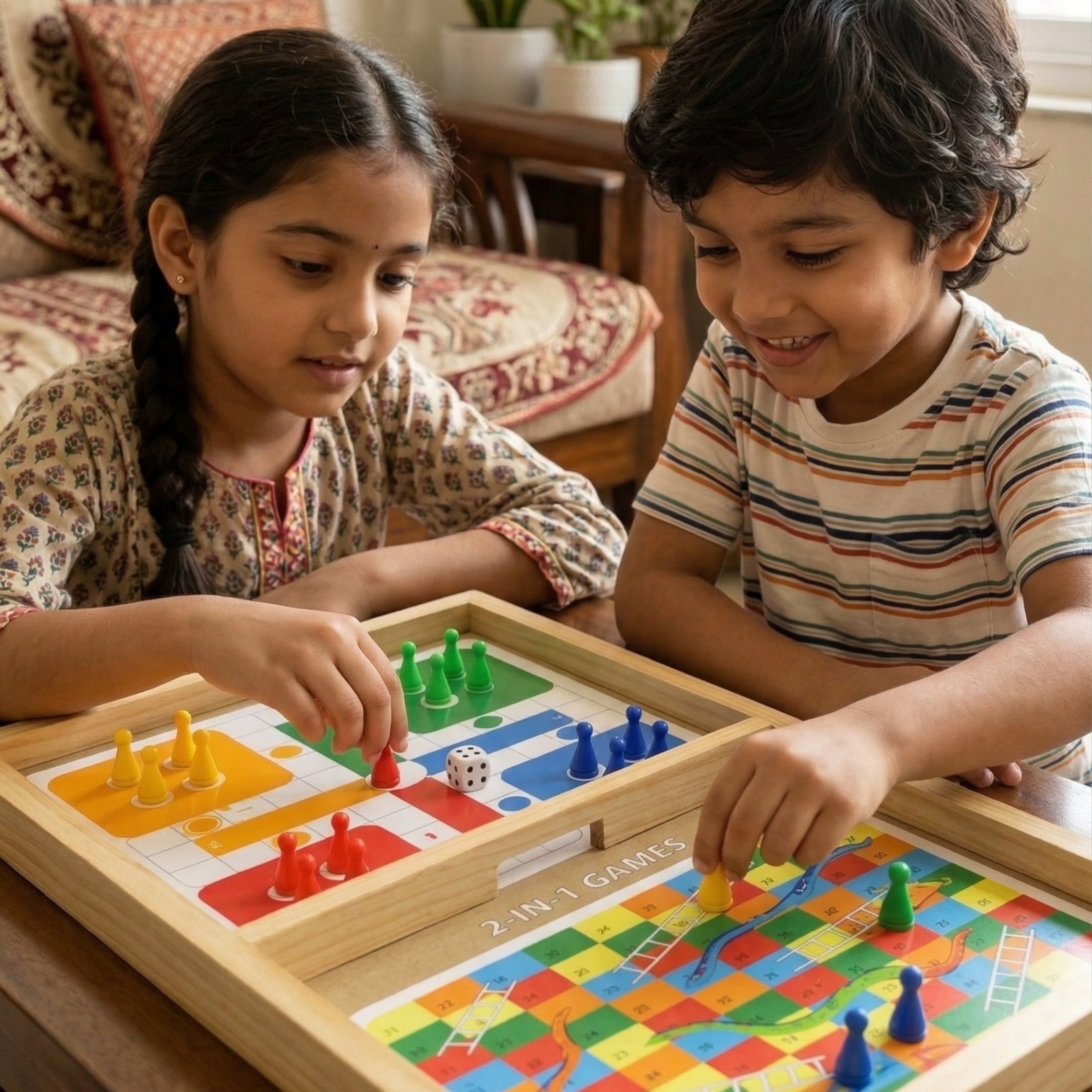 Kids-playing-claptales-wooden-ludo-and-snake-ladders-board-game