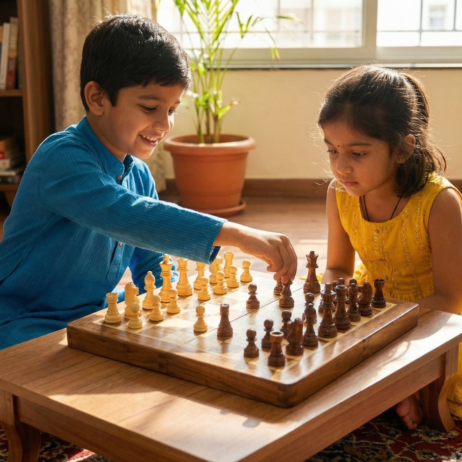 Kids-playing-wooden-chess-board-at-home