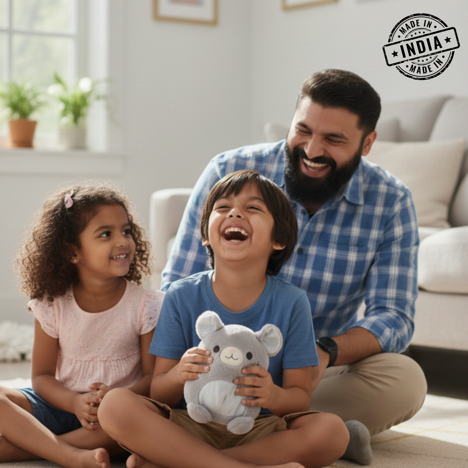 Man and two children sitting on a floor in a living room, with a 'Made in India' stamp in the corner.