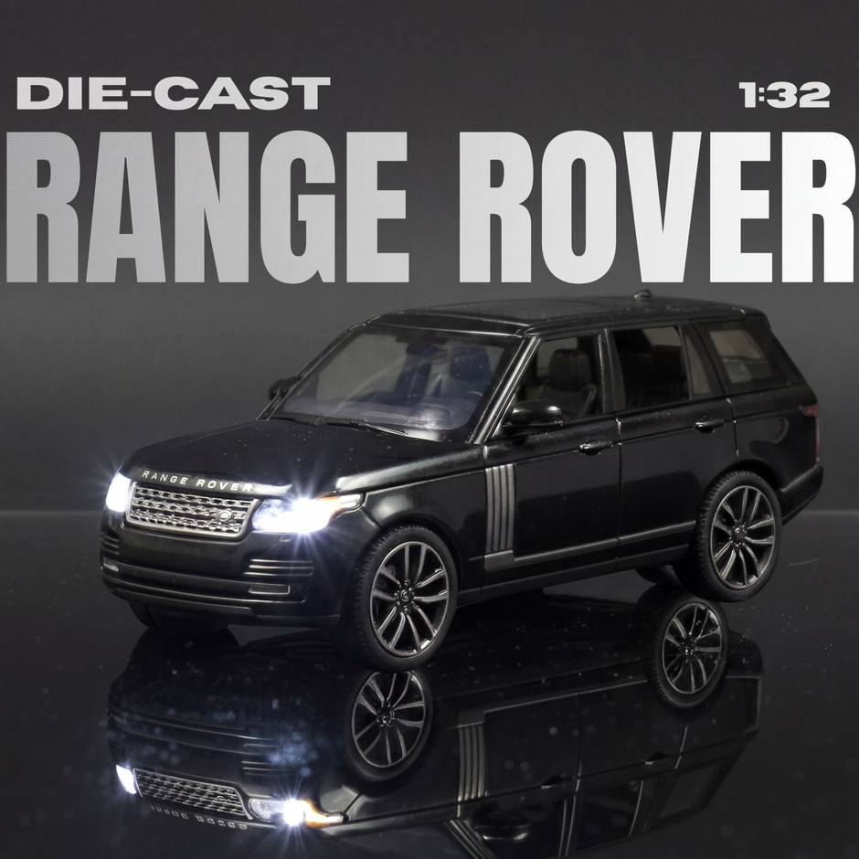 Model Range Rover die-cast car on a reflective surface with 'Die-Cast 1:32 Range Rover' text above.