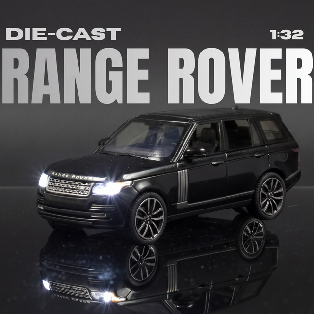 Model Range Rover die-cast car on a reflective surface with 'Die-Cast 1:32 Range Rover' text above.