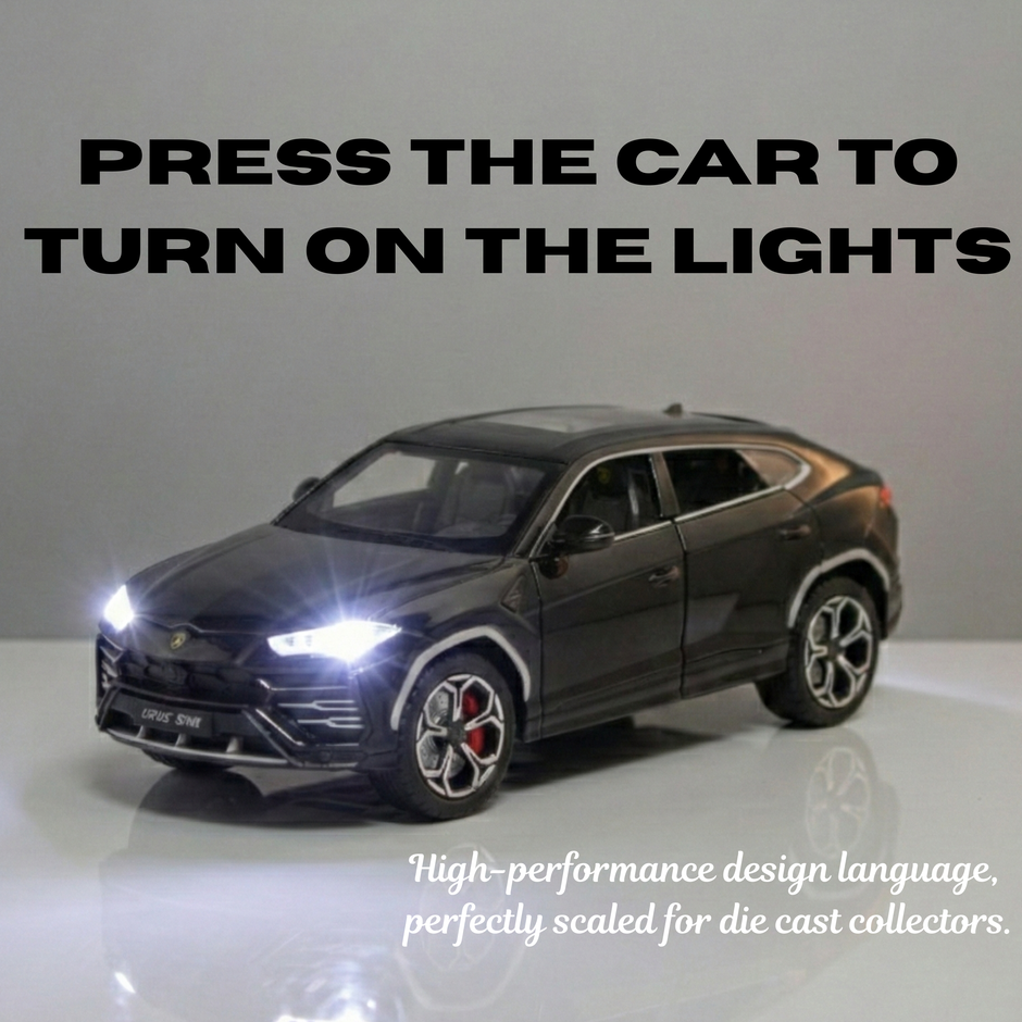 Model car with illuminated headlights on a grey background