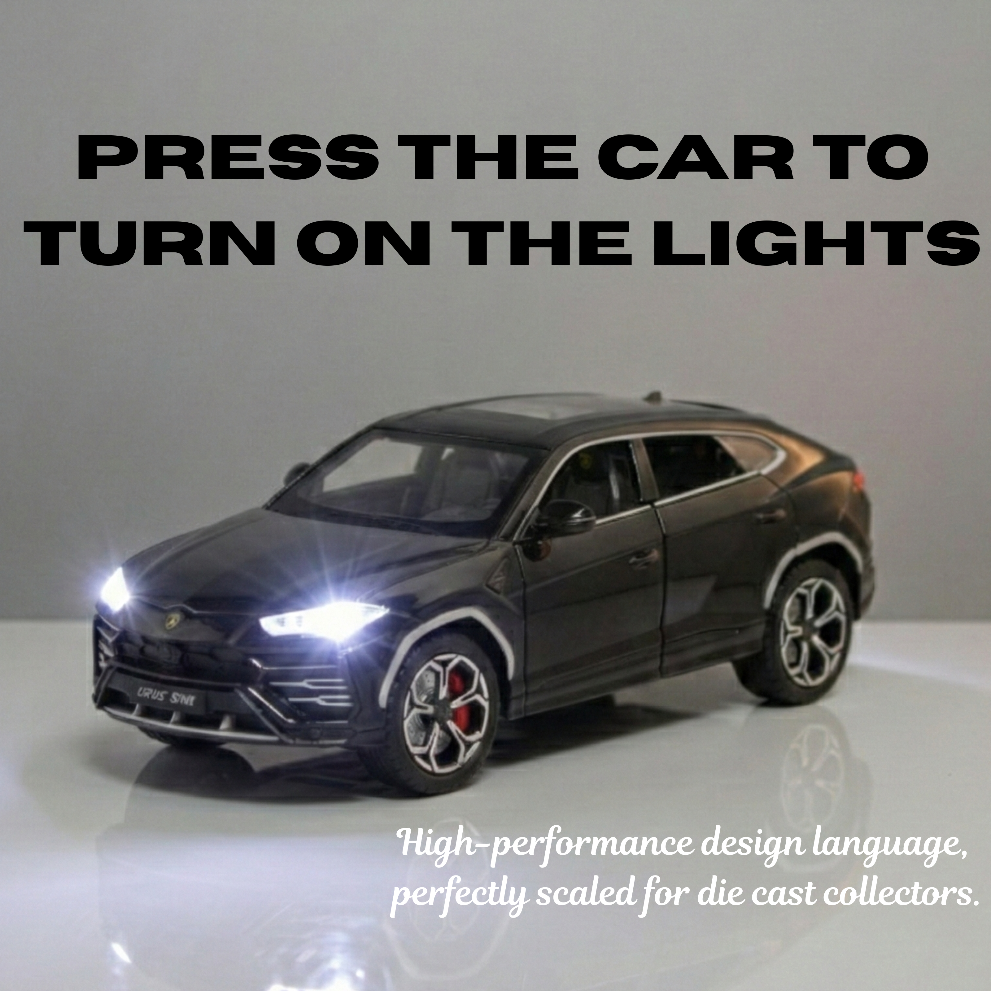 Model car with illuminated headlights on a grey background