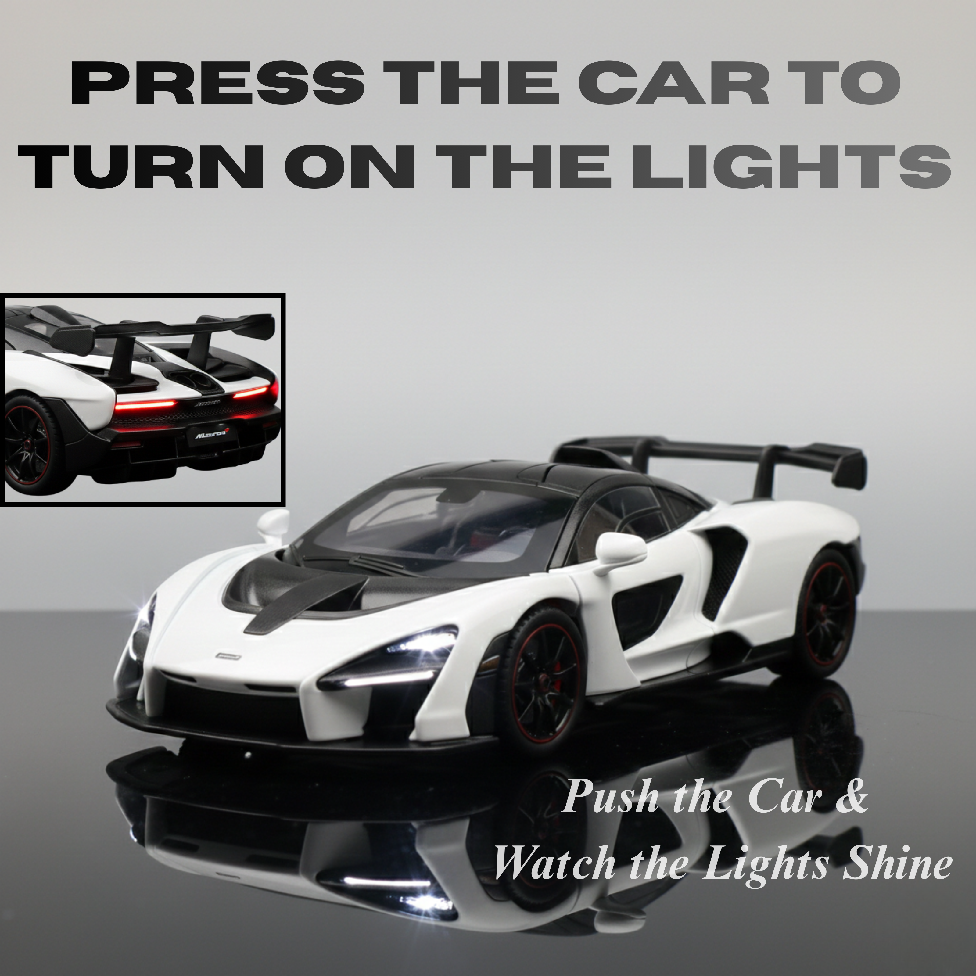 Model car with instructions to press it for lights on a reflective surface