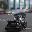 Model car with openable features labeled on a blurred street background