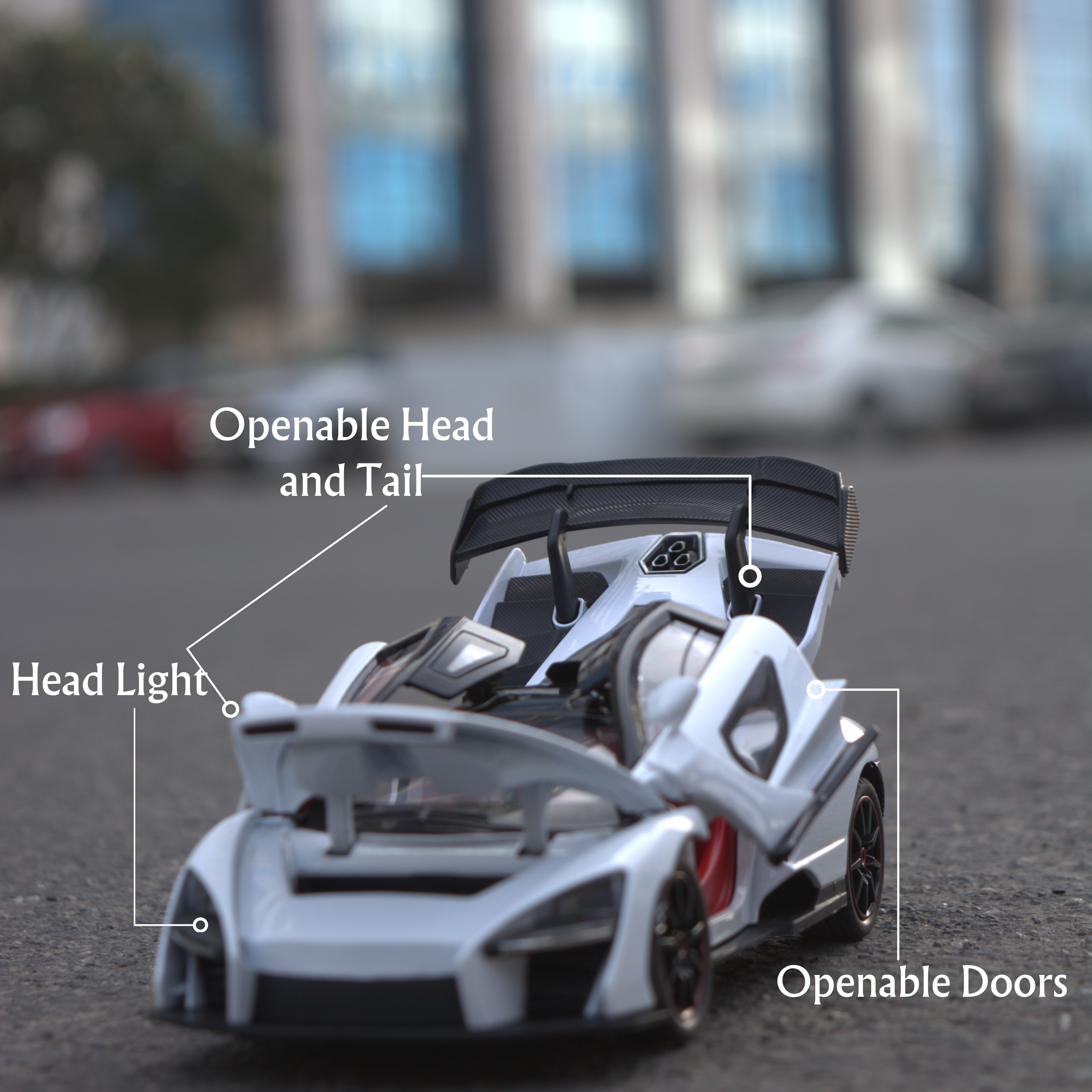 Model car with openable features on a blurred street background
