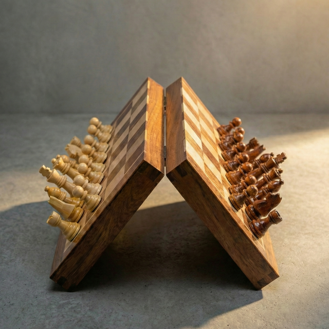 Open folding wooden chess board showing magnetic chess pieces arranged for play