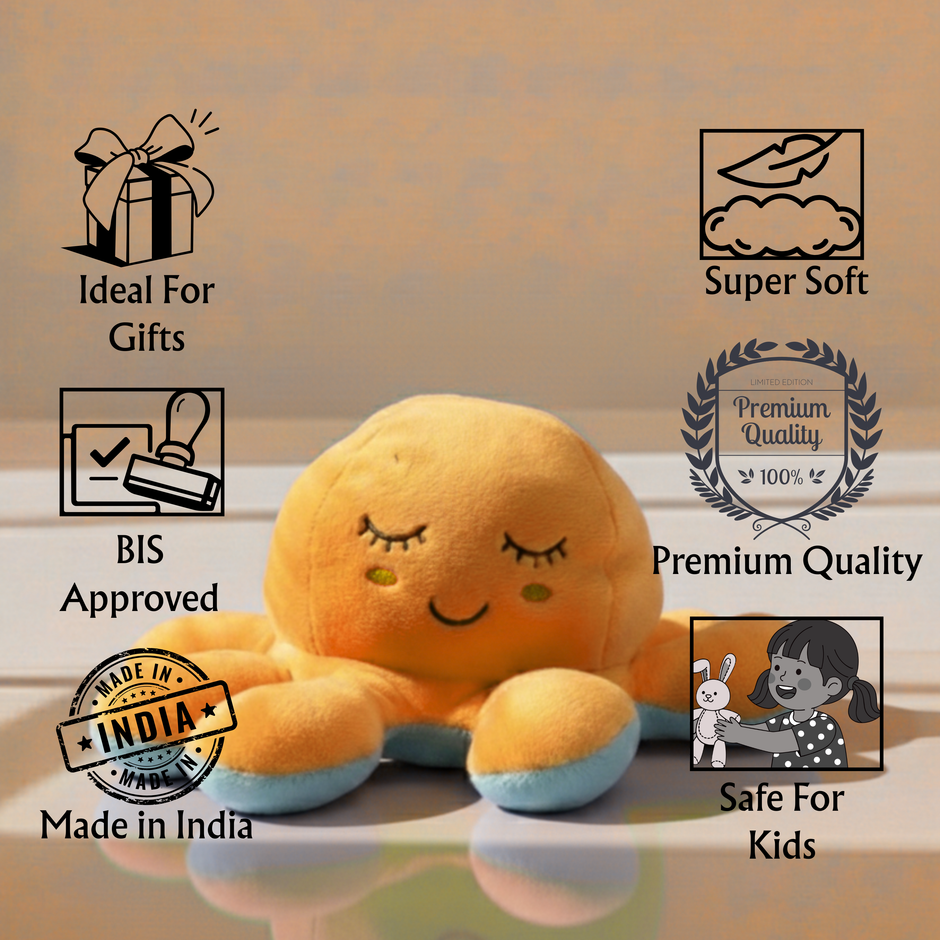 Orange plush toy with quality and safety certification logos on a reflective surface.
