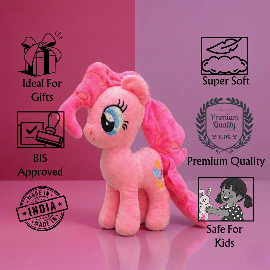 Pink plush toy with certification icons on a pink background