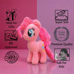 Pink plush toy with certification icons on a pink background